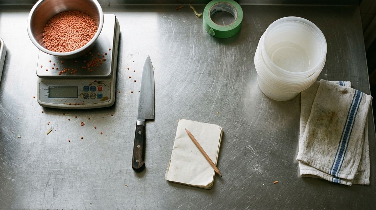A scale, a bowl of lentils, deli containers and a notebook on a stainless steel prep table