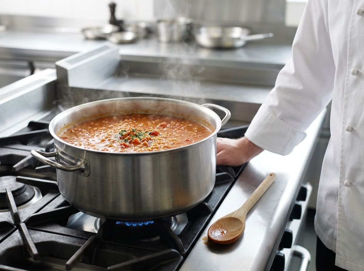 Une marmite de soupe de lentilles corail et tomate qui mijote sur un piano de restaurant