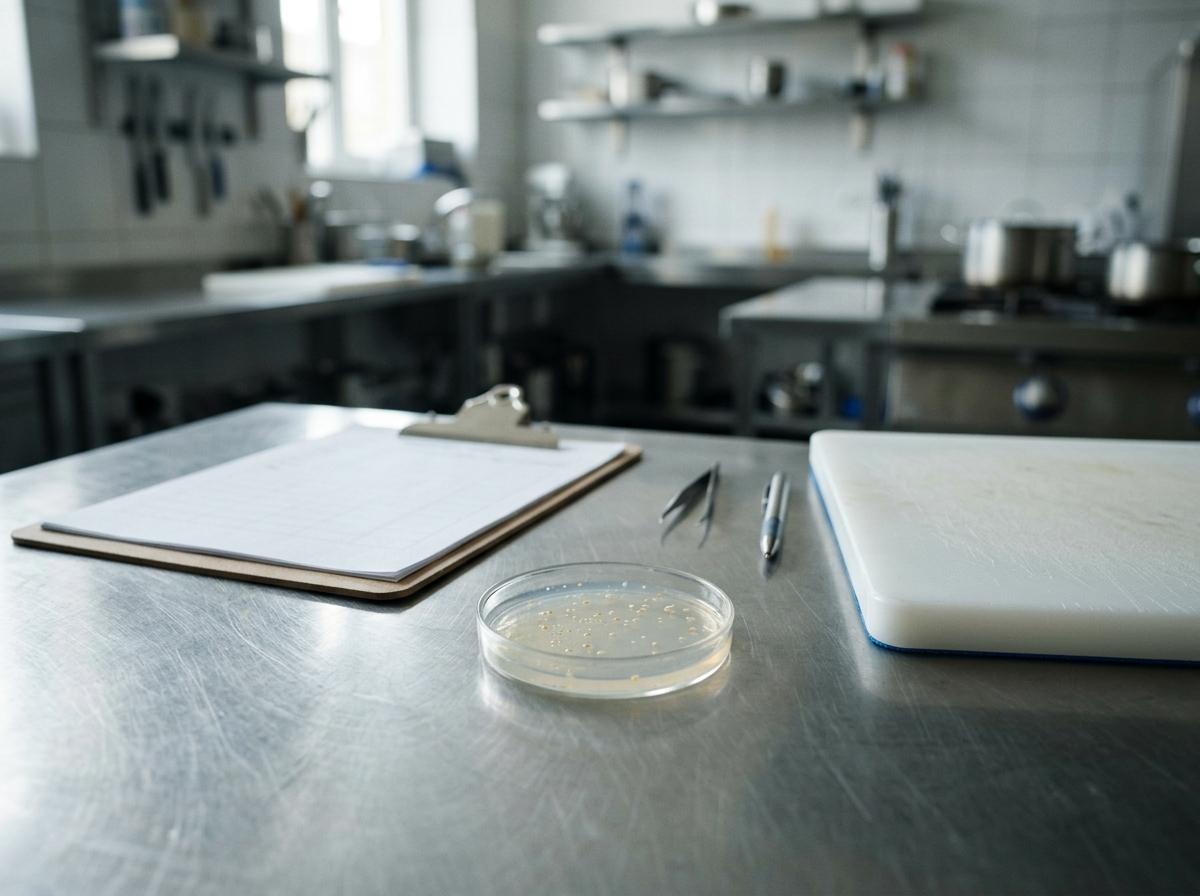 A petri dish with bacterial colonies next to a lab test checklist