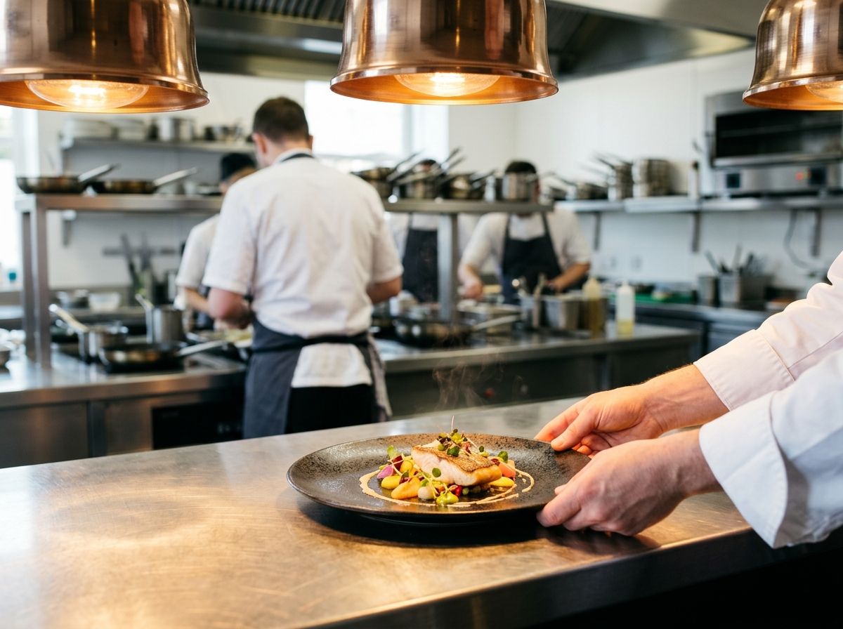 Un chef qui dépose une assiette dressée sur le passe d’une cuisine de restaurant