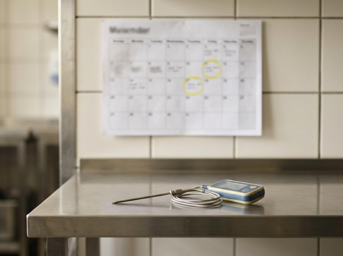A wall calendar with sampling days marked in yellow