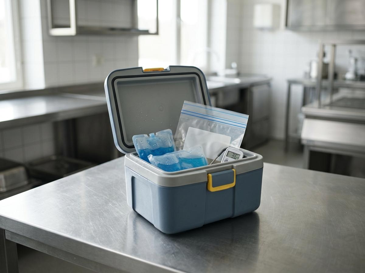 A cool box labelled 0 to 4 degrees next to a sterile sample tube