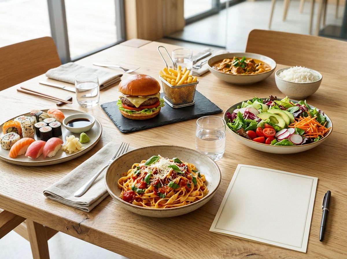 Dishes from different cuisines on a restaurant table with a blank menu card