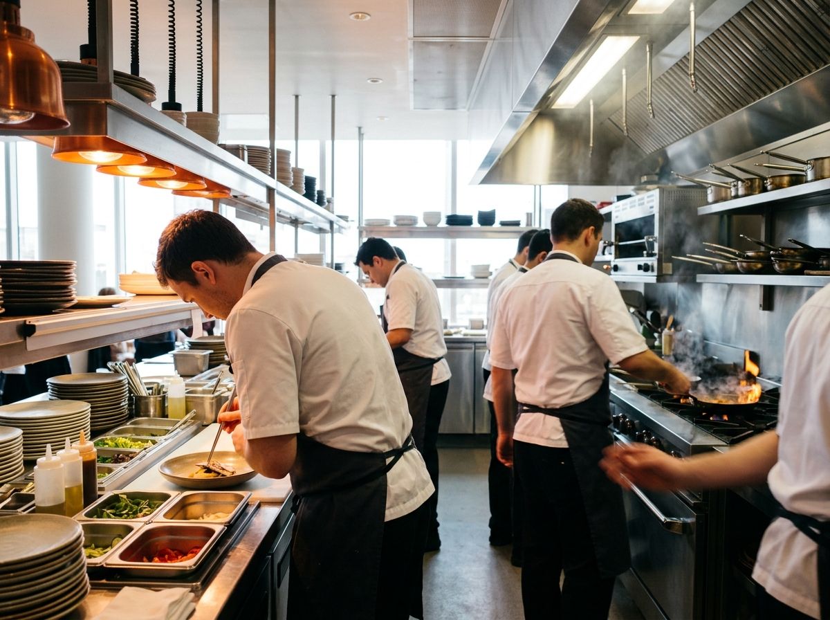 A restaurant kitchen brigade plating dishes during service