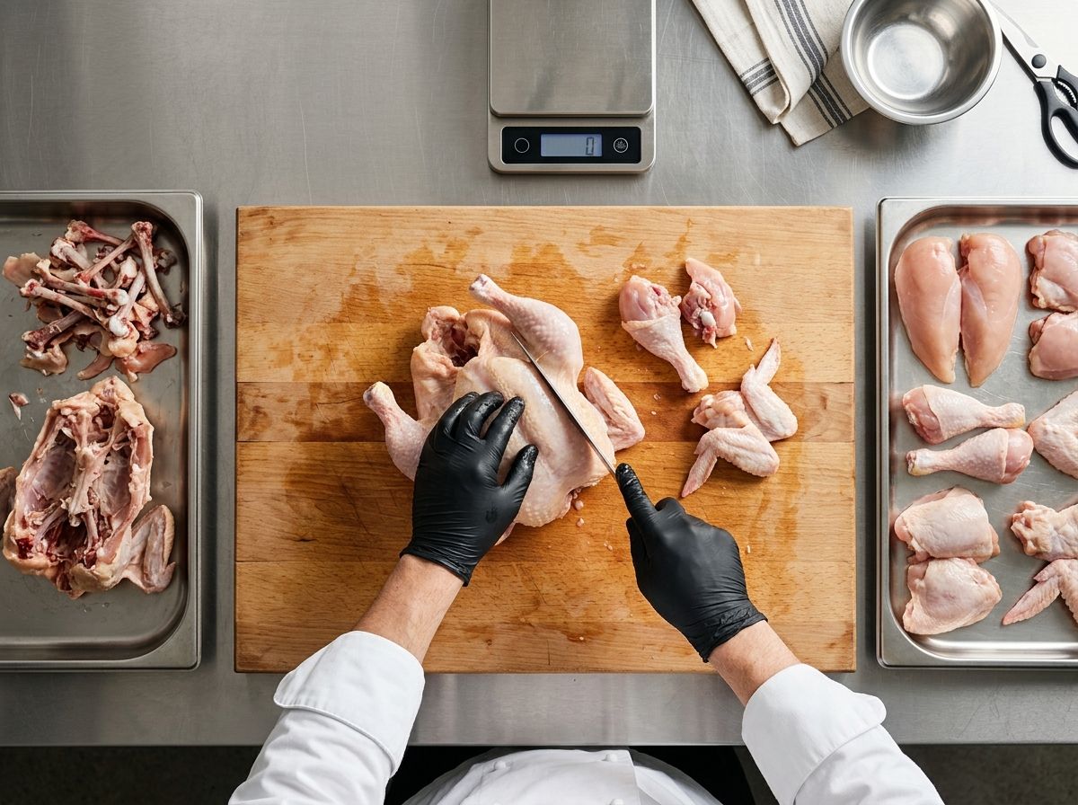 Des mains gantées qui découpent un poulet entier sur une planche en bois à côté d’une balance